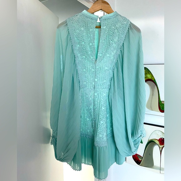 Greta Balloon Sleeve Embroidered Mini Dress in Mint - Picture 9 of 12
